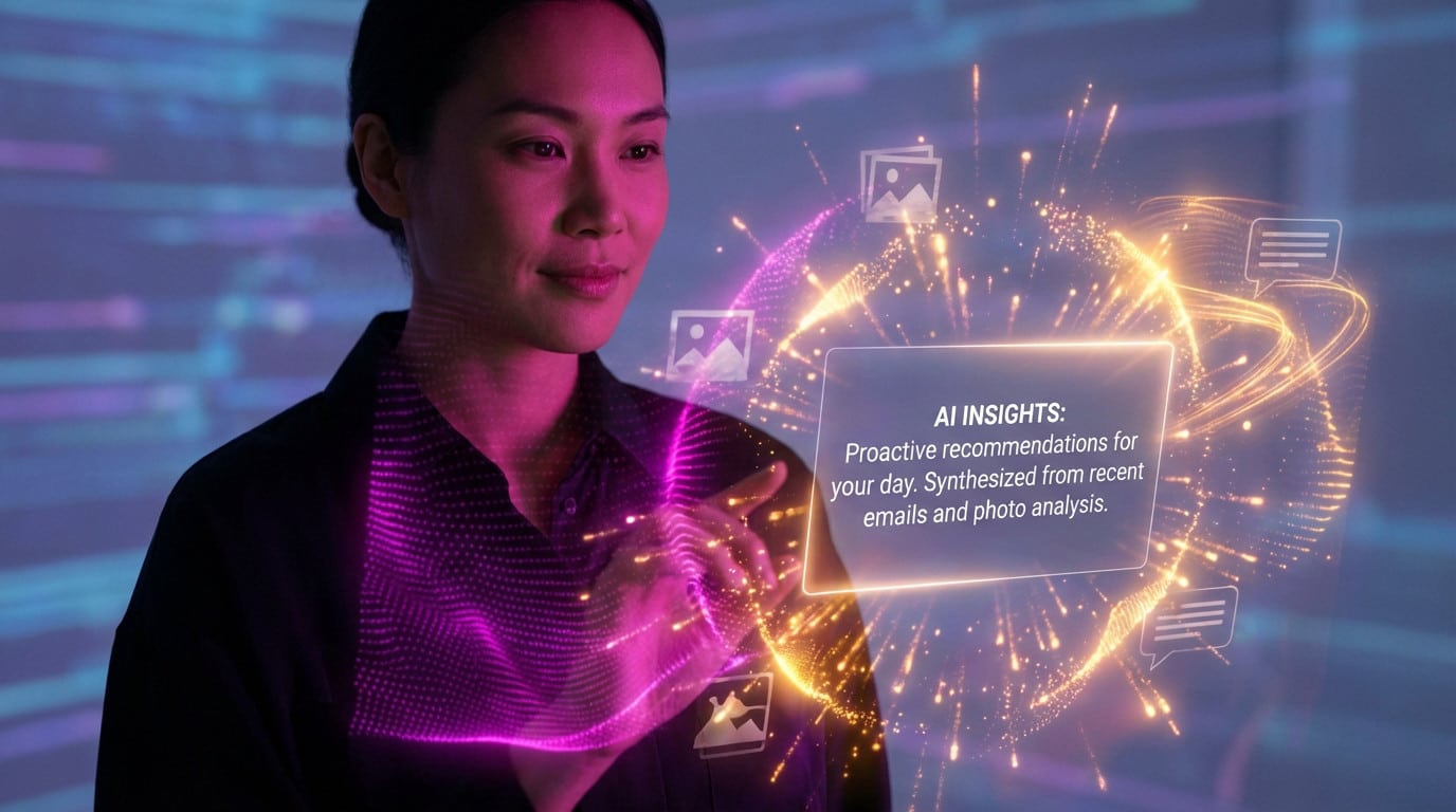 Une silhouette générique regarde un écran holographique sophistiqué et lumineux, présentant des "AI INSIGHTS" provenant d'e-mails et de photos en magenta et ambre.
