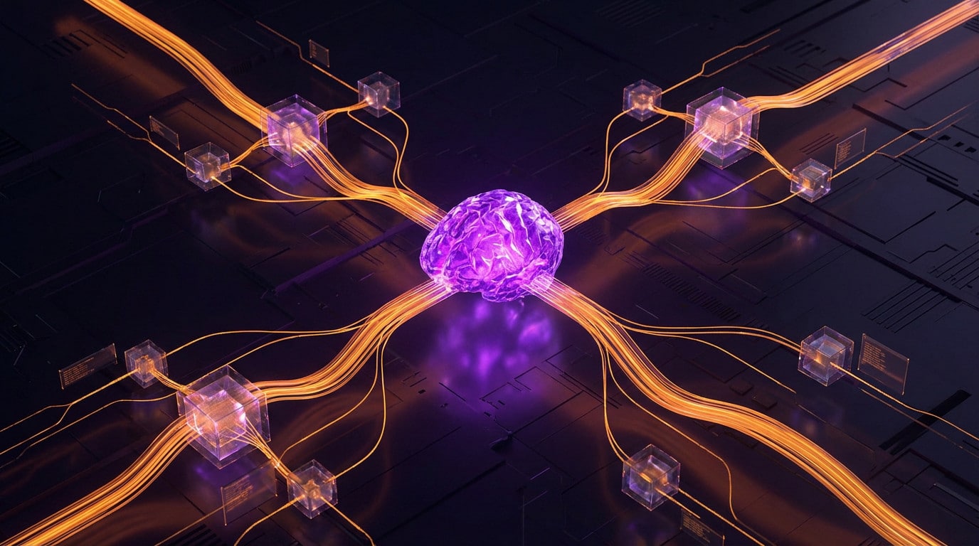 Image abstraite d’un noyau cérébral d’IA violetoyant relié par des flux de données orange à des nœuds géométriques sur un fond numérique sombre.