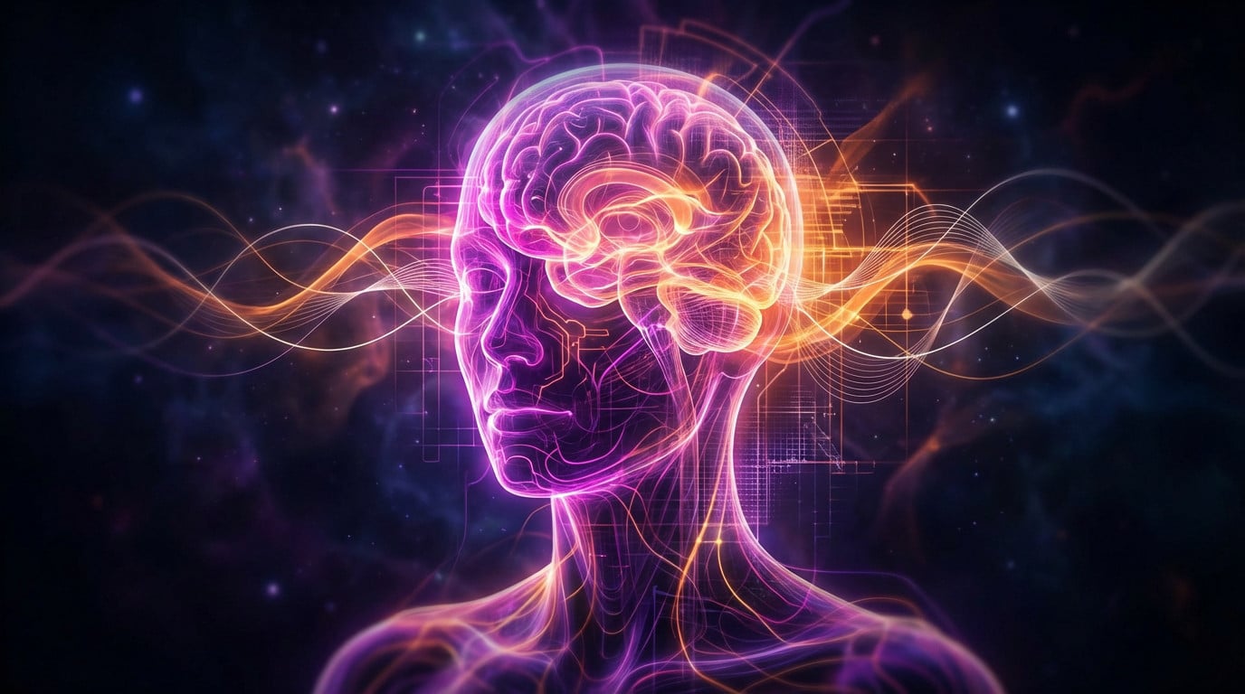 Tête humaine abstraite et lumineuse avec un cerveau visible, fusionnant avec des réseaux d'intelligence artificielle magenta et orange, symbolisant l'intelligence générale artificielle.