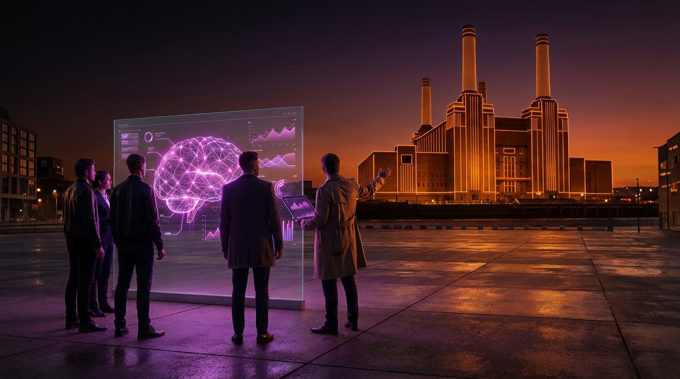 Five people face a purple holographic brain display. An orange-lit power station stands in the distance under a dark sky.