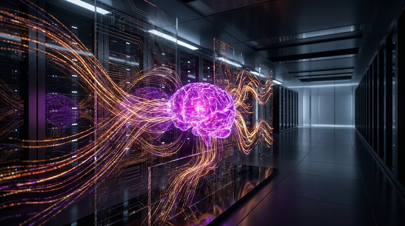 A vibrant magenta-purple AI brain core glows within a futuristic server room, surrounded by intricate amber data streams.
