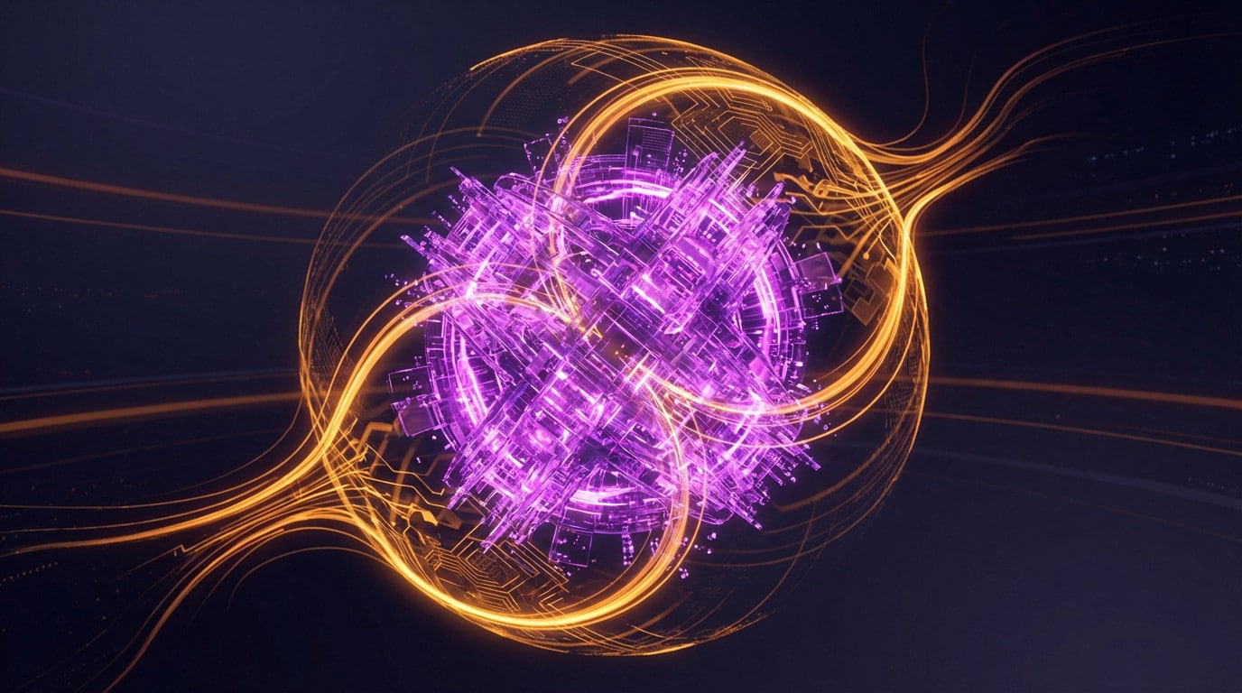 Un noyau d'IA violet, brillant et complexe, enveloppé de flux d'énergie numérique orange dorée sur un fond futuriste sombre.