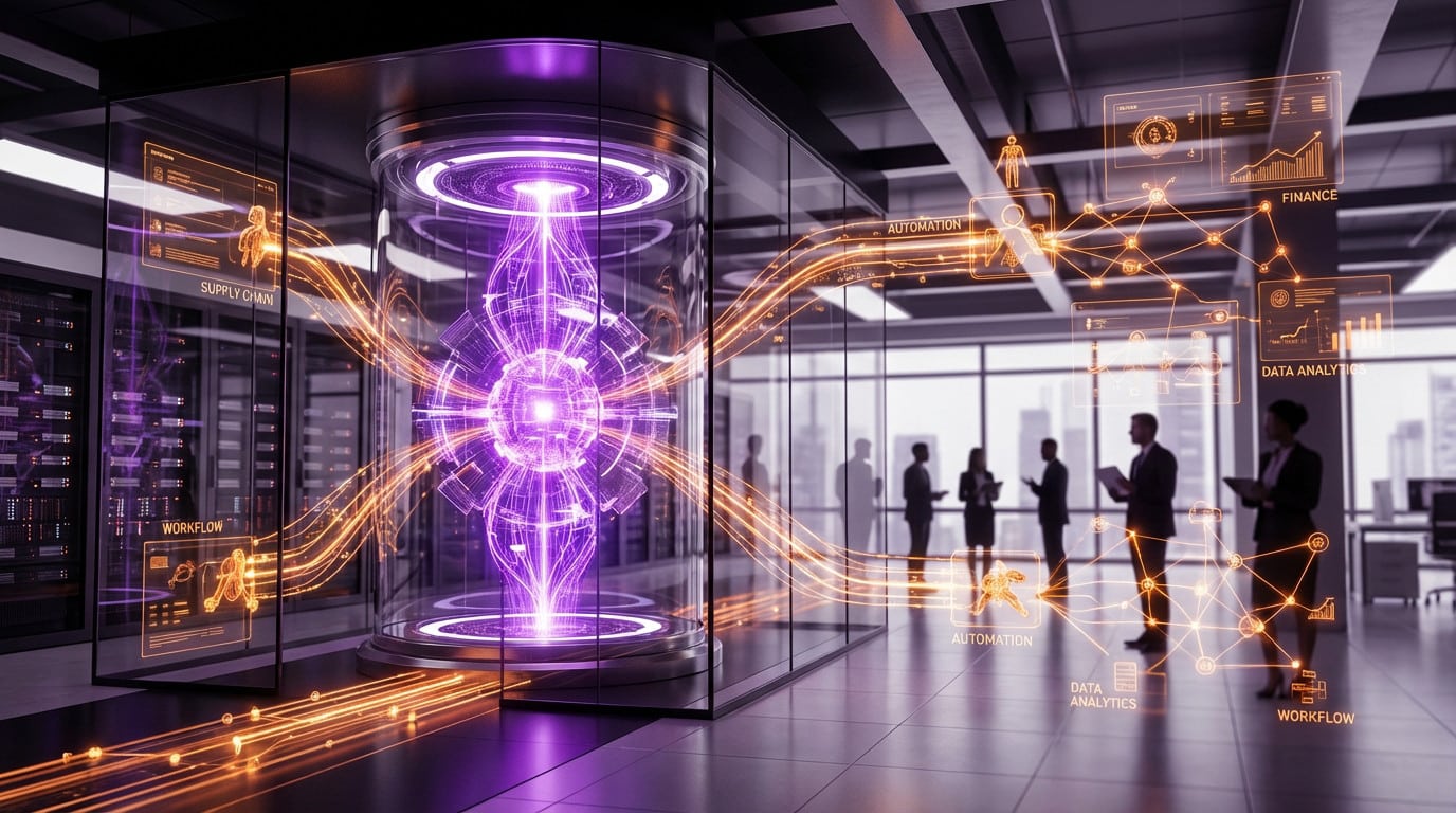 Futuristic AI core in glass, purple glow, orange data streams automate business processes like supply chain, finance.