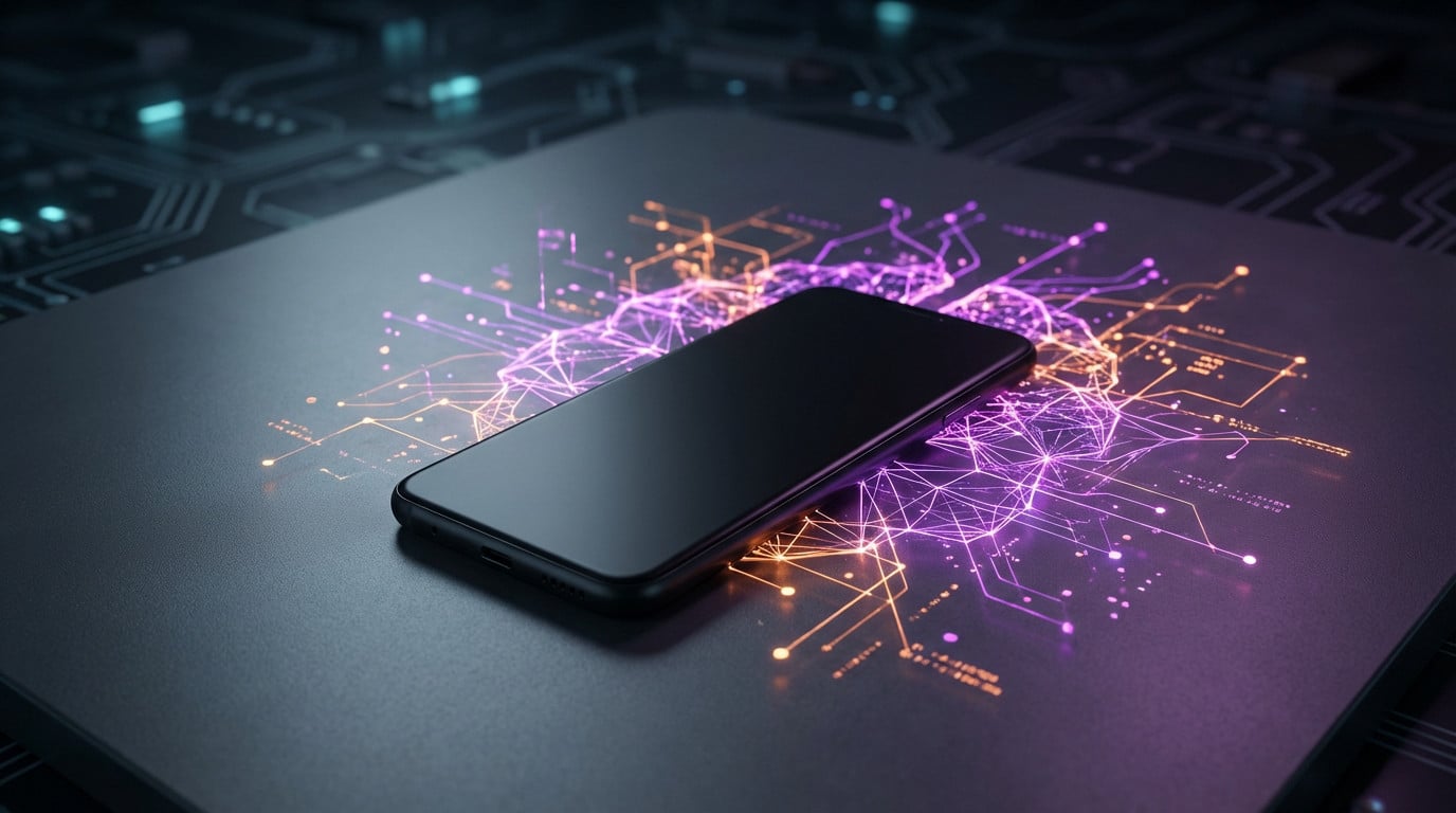 Dark smartphone on a grey surface, surrounded by glowing purple and orange neural network patterns, symbolizing AI and digital intelligence in a futuristic tech environment.