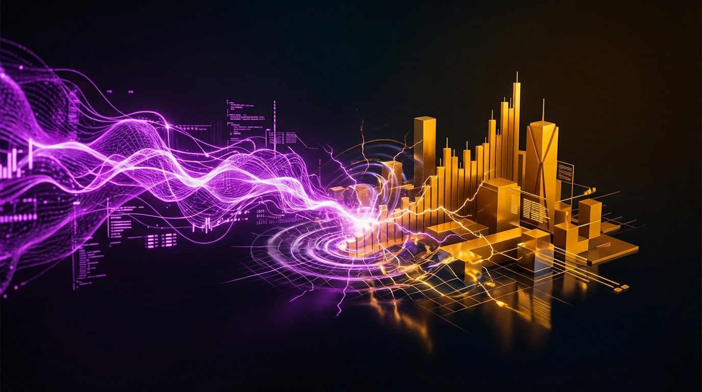 Vibrant purple digital energy surge impacts a golden financial market, symbolizing AI's transformative influence on finance.