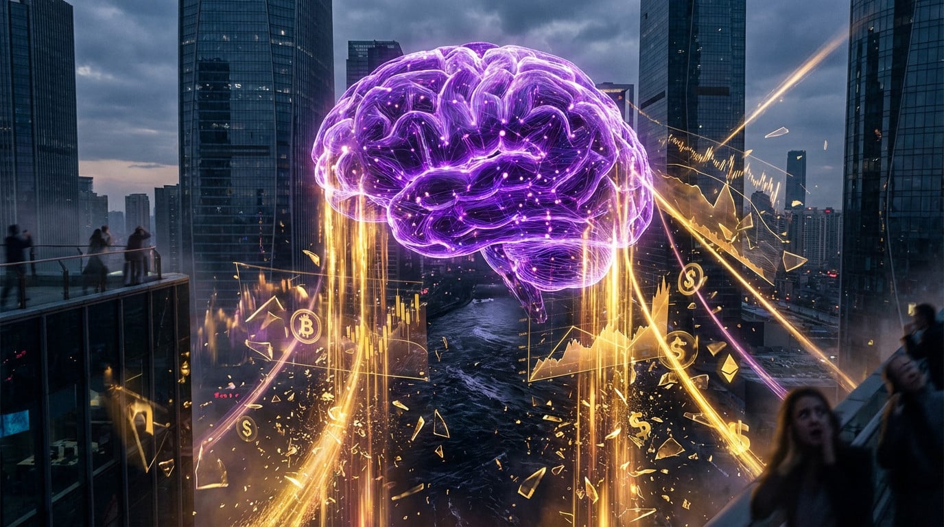 A glowing purple AI brain causes golden data streams to shatter financial graphs and currency symbols over a dark city, with people watching in fear.