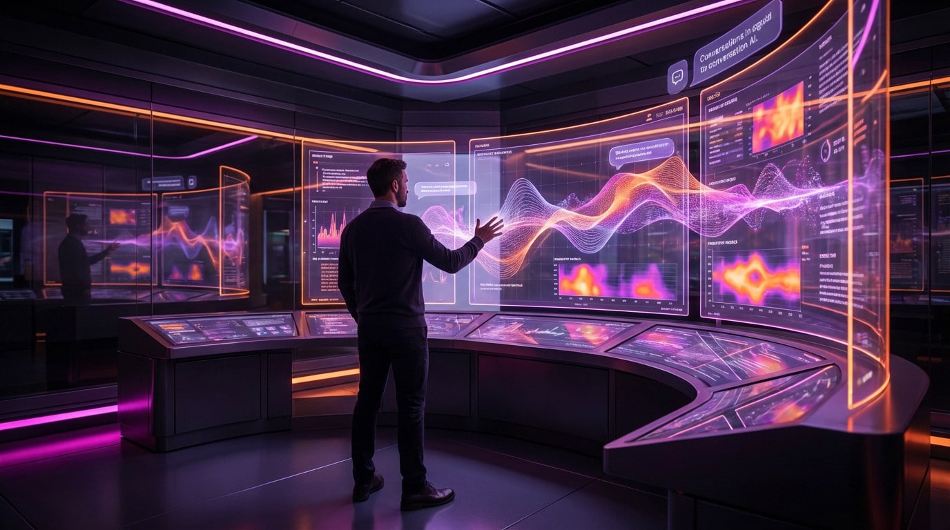 Man in dark control room analyzing retail data on interactive magenta and orange holographic screens, showcasing AI insights.
