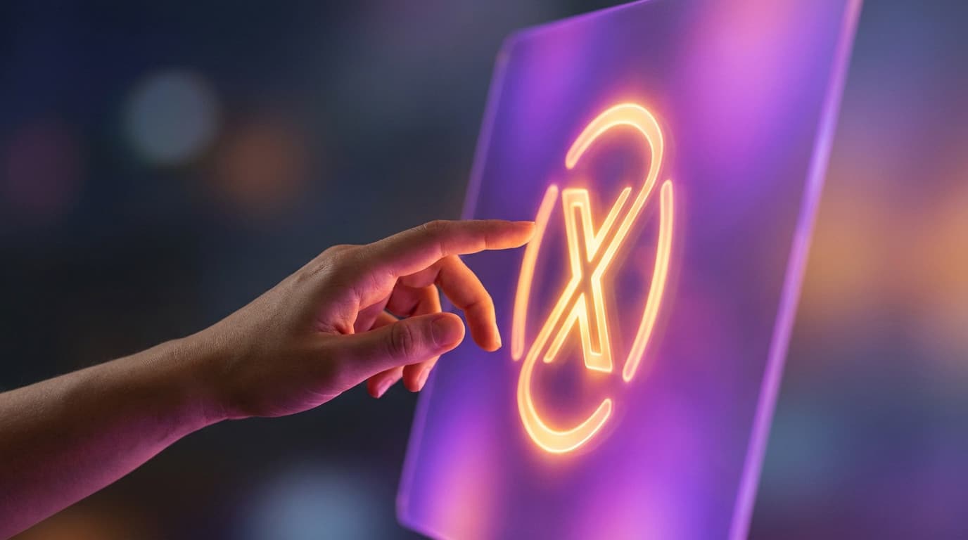 Gros plan d'une main tendant résolument vers un écran numérique violet lumineux avec une icône «&nbsp;Annuler&nbsp;» ambrée, symbolisant l'interaction moderne.