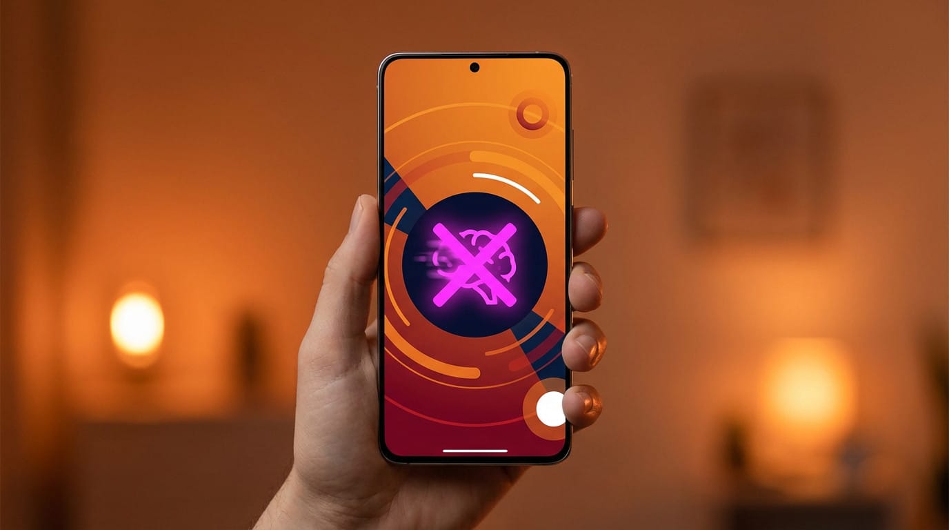 Main tenant un smartphone moderne. L'écran affiche une icône magenta "désactiver l'IA" sur une interface utilisateur orange abstraite, avec un éclairage bicolore doux.