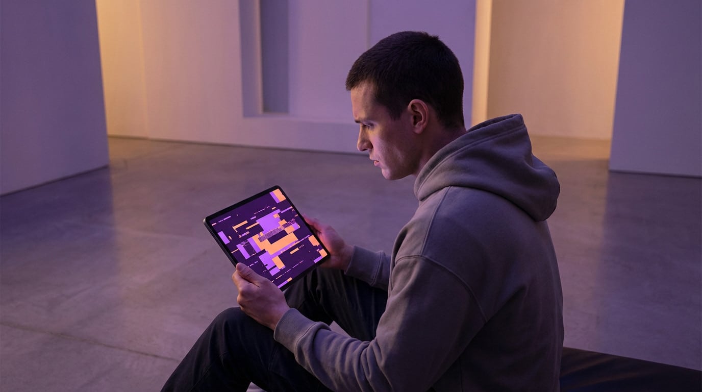 Individual focused on a glitching tablet screen in a modern, purple and orange lit room, conveying digital contemplation.