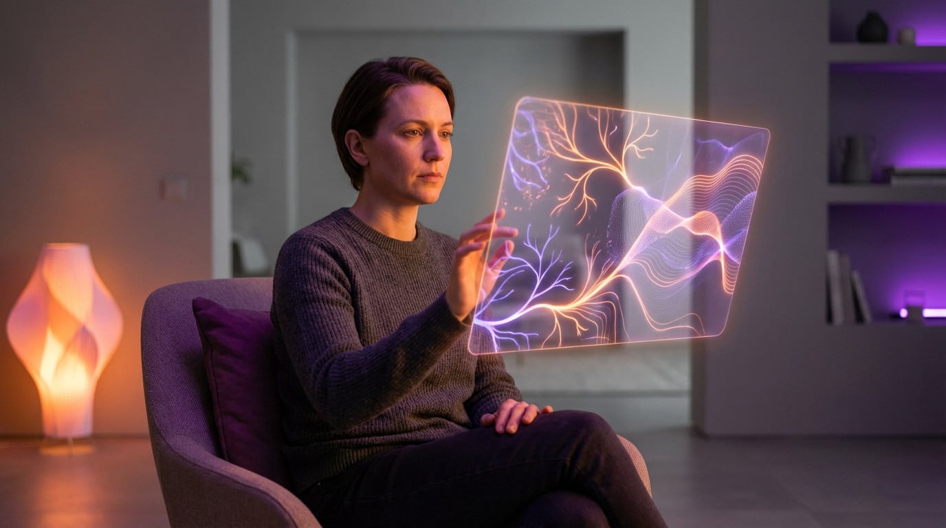 Une personne dans une maison moderne interagit avec une interface numérique flottante et lumineuse affichant des motifs abstraits violets et orange.