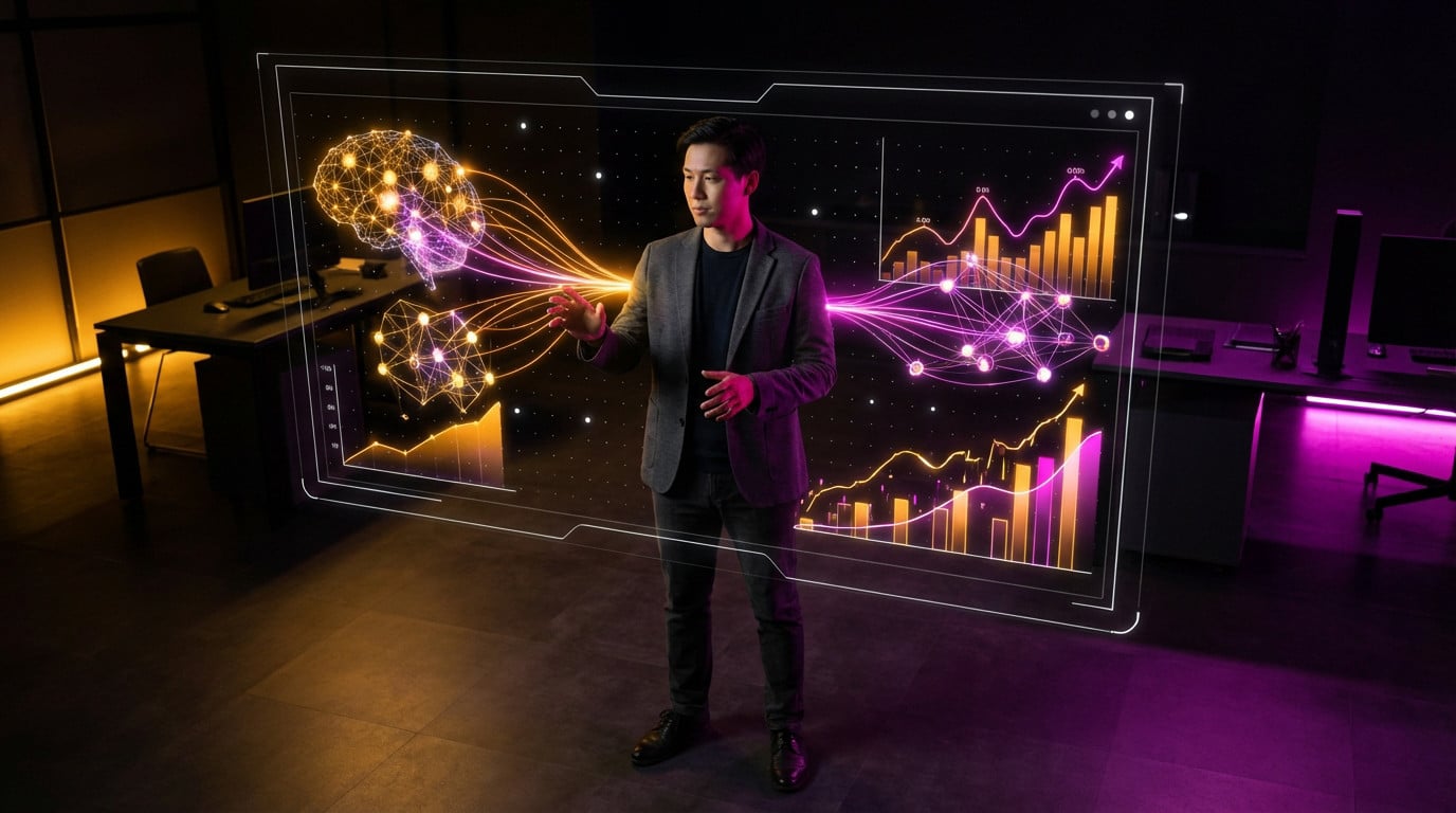 Personne interagissant avec une interface holographique futuriste montrant des réseaux neuronaux d'IA et des graphiques financiers, éclairés par des couleurs orange doré et magenta.