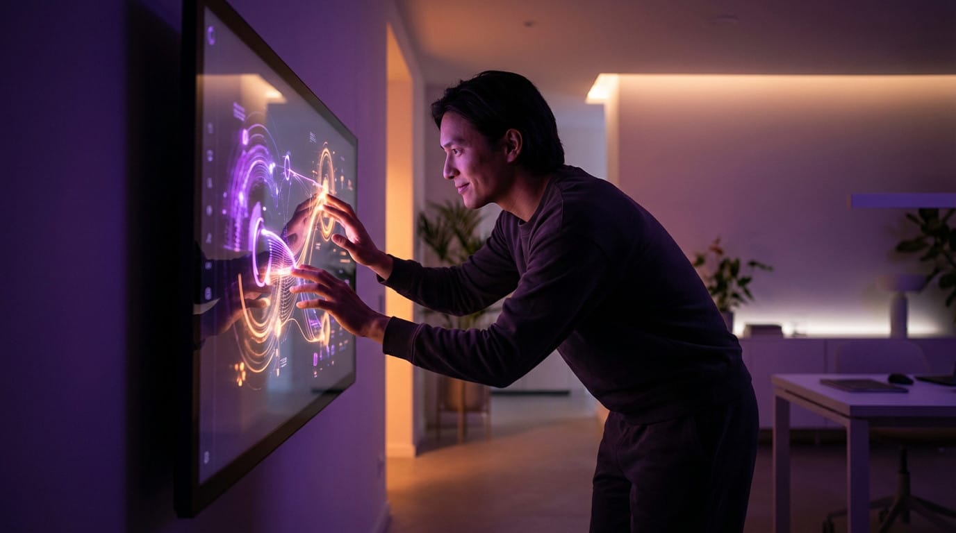 An individual interacts with a large touchscreen displaying vibrant purple and orange abstract data. Modern, minimalist workspace.
