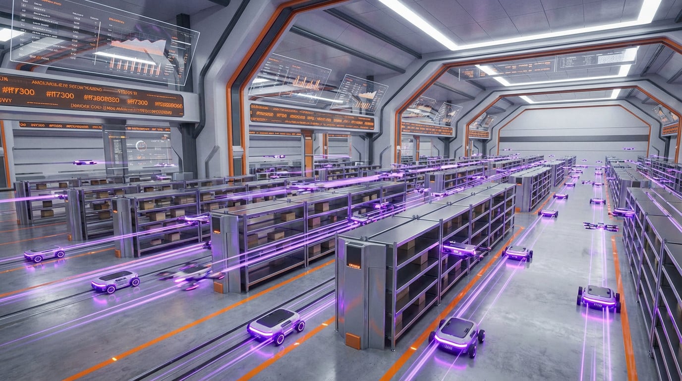Entrepôt intelligent futuriste avec des robots Edge AI et des drones aux couleurs violettes qui déplacent des colis, des accents orange et des pistes de données.
