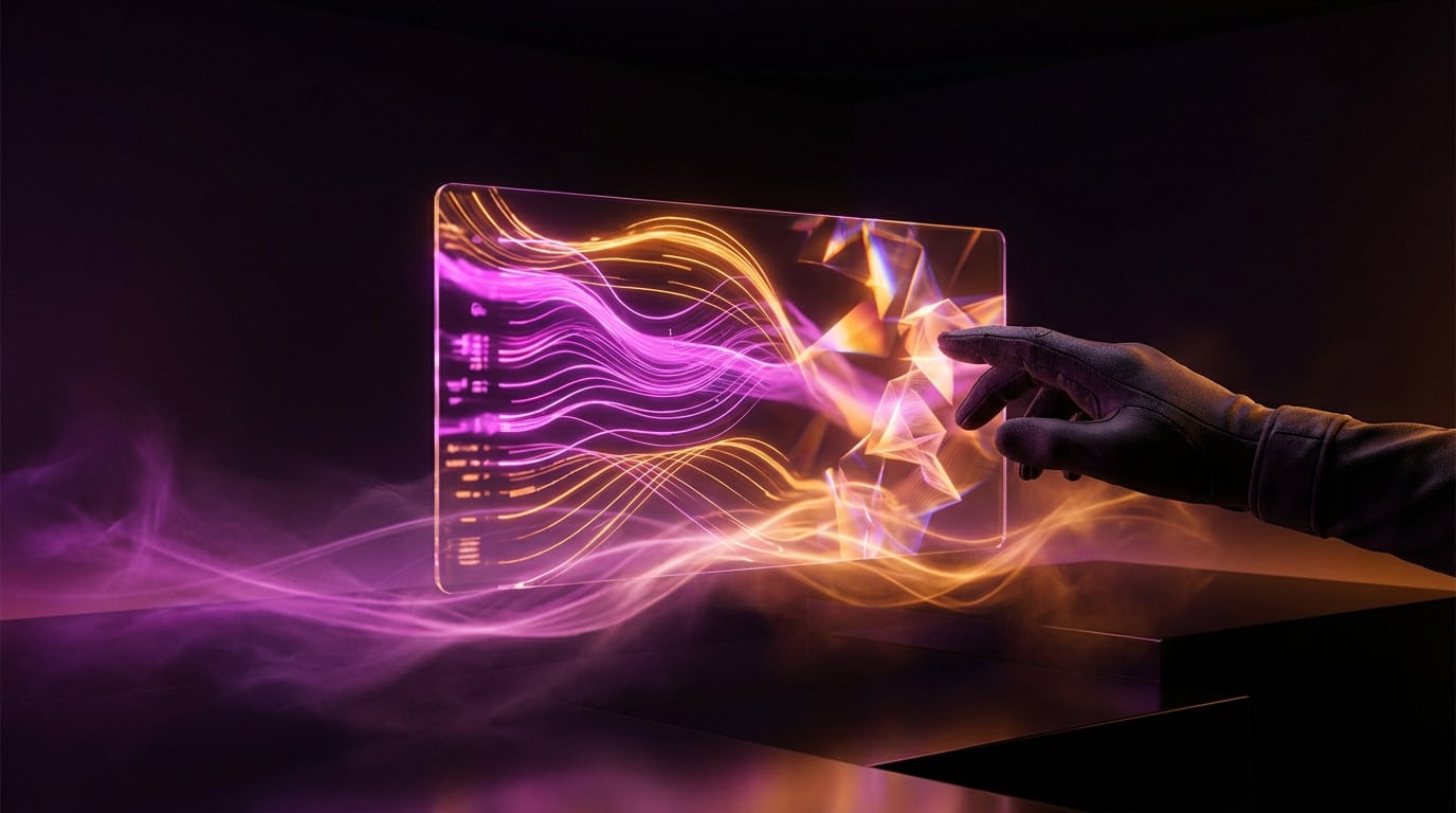 Gloved hand touching a vibrant magenta and amber holographic AI interface, displaying abstract data streams and geometric patterns on black.