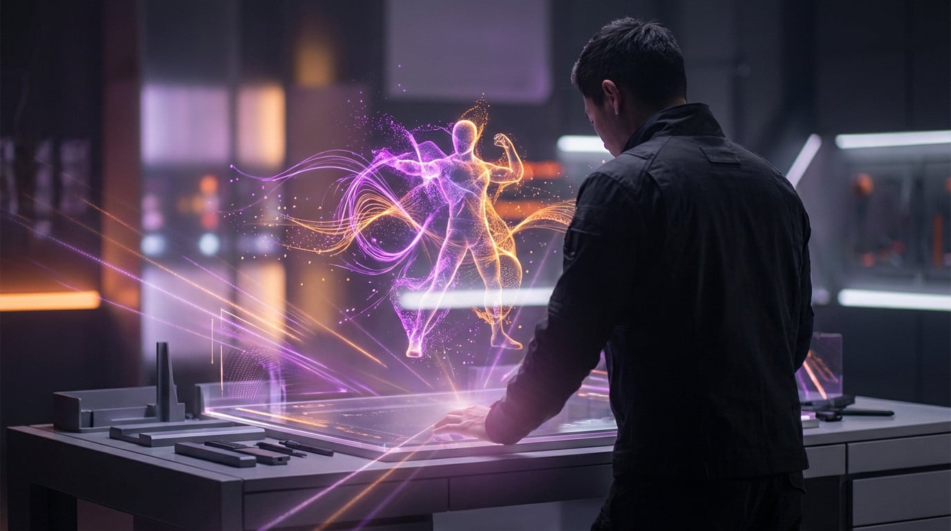 A person interacts with a futuristic holographic display showing a glowing purple and orange figure forming from light streaks. The scene is cinematic and futuristic.