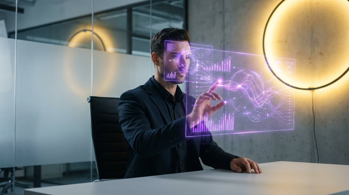 Un professionnel interagit avec un écran holographique violet lumineux de données financières dans un bureau moderne, éclairé par une lumière jaune chaude.