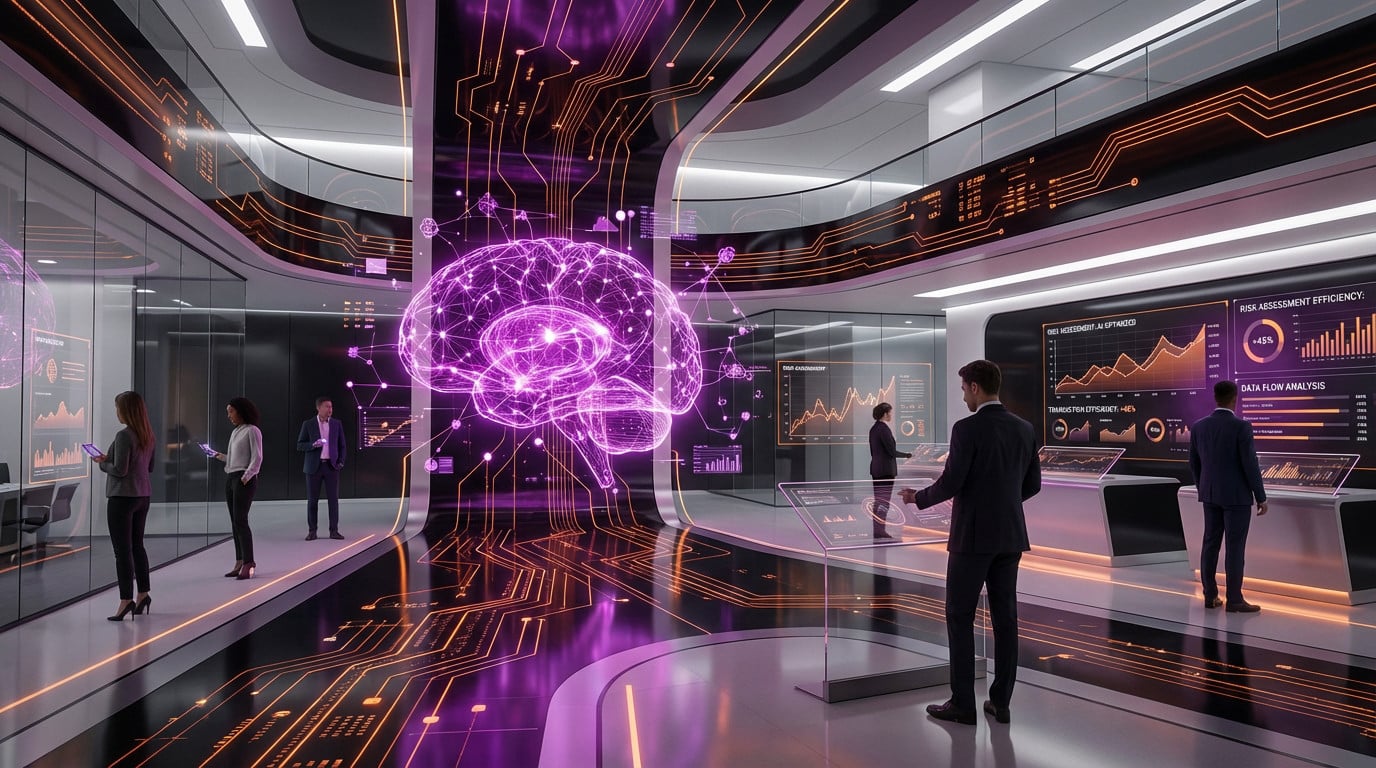 A futuristic financial center with a purple holographic neural network at its center, surrounded by orange data lines and professionals interacting with AI interfaces.