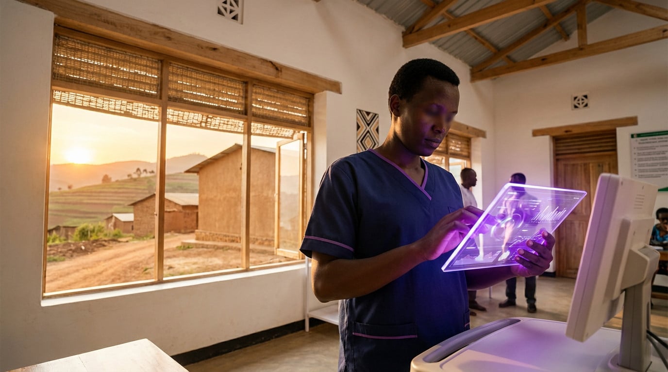 Healthcare professional in rural African clinic uses transparent tablet glowing with medical data, dawn in background.