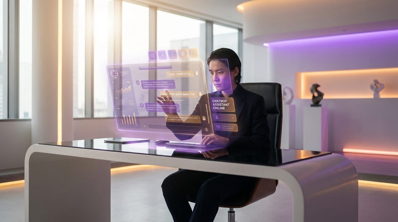 A man interacts with a glowing purple and amber holographic chatbot interface at a minimalist desk in a bright, futuristic office.