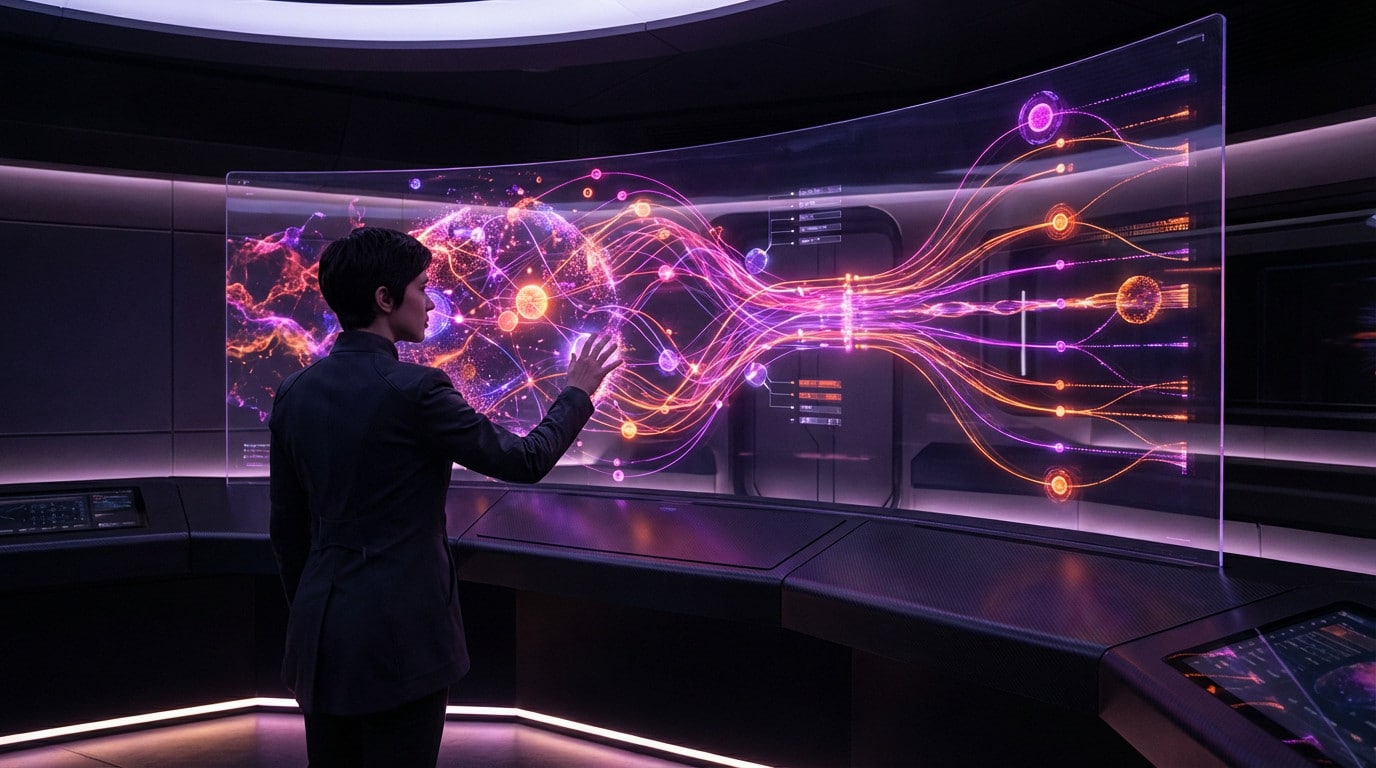 Figure in futuristic control room interacts with large holographic display showing glowing magenta and orange AI network data streams.