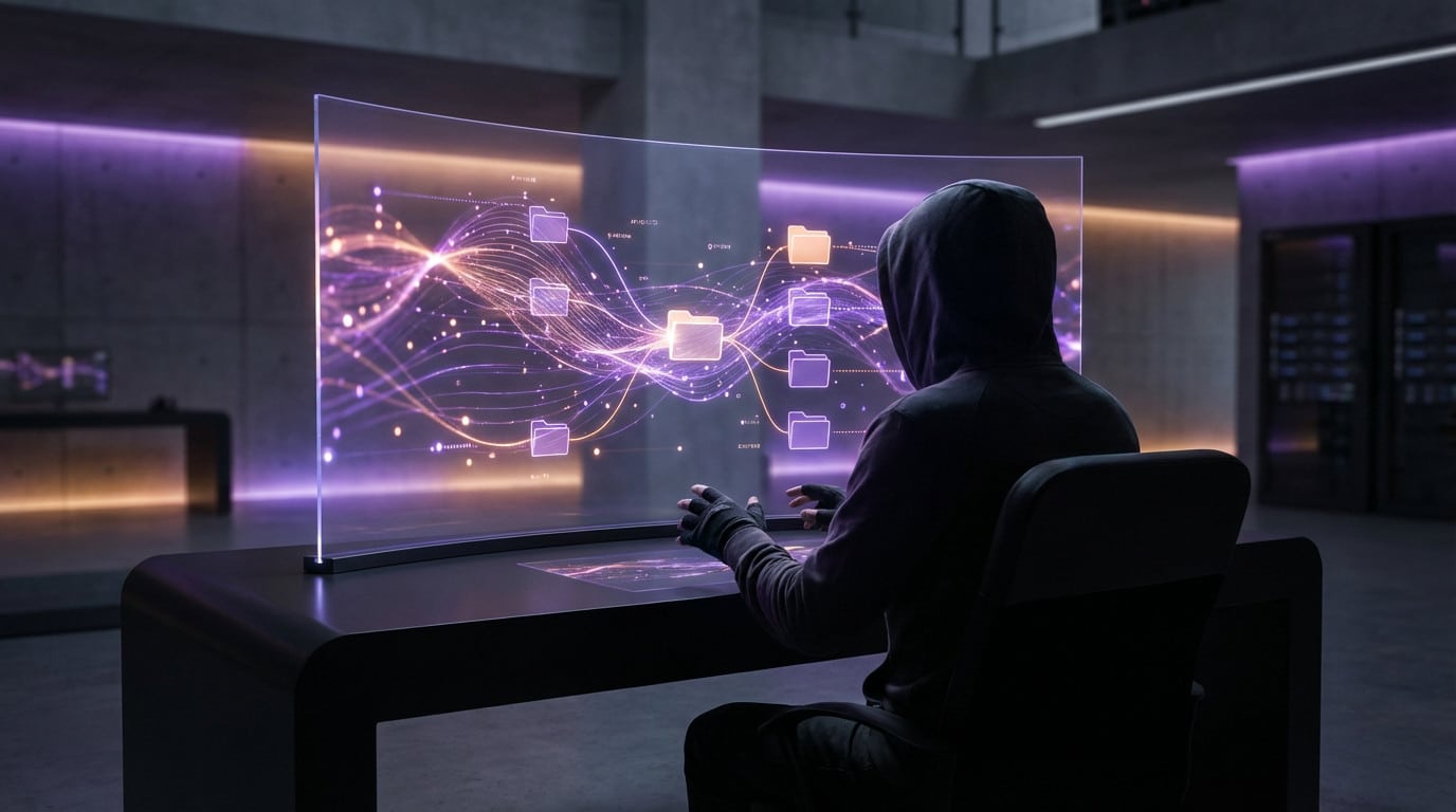 Une personne en sweat à capuche interagit avec un écran transparent futuriste violet et orange lumineux affichant des données interconnectées dans un bureau moderne.