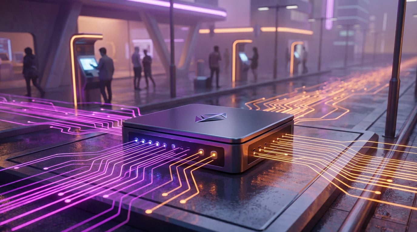 Un dispositif central d'informatique en périphérie avec des flux de données magenta et ambre lumineux à travers une rue futuriste de la ville avec des gens.