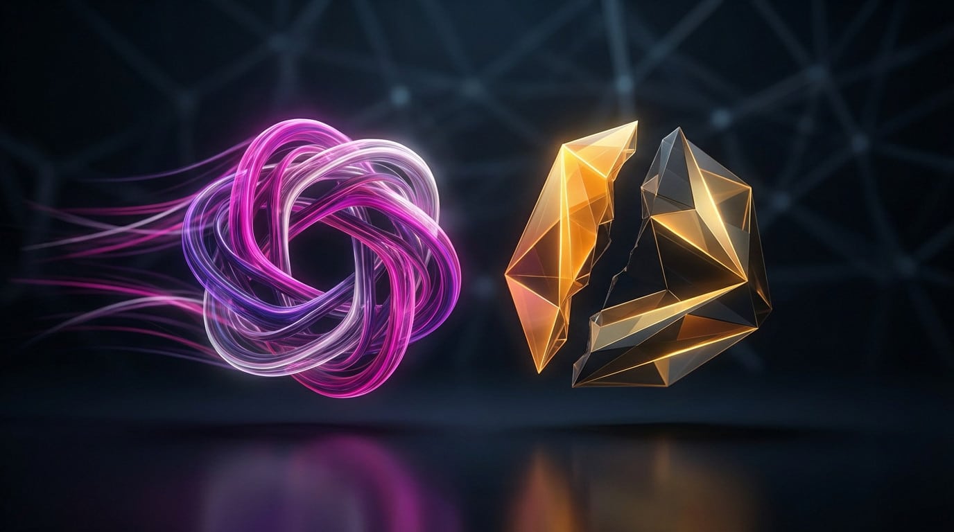 Une forme d'IA magenta abstraite se sépare d'une plateforme technologique ambrée fracturée, symbolisant une décision délibérée contre le partenariat.