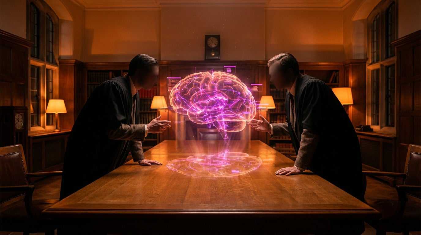 Deux personnages vêtus d'une tenue universitaire des années 1950 se penchent sur une table en bois et contemplent un réseau neuronal magenta lumineux, symbole de la genèse de l'IA.