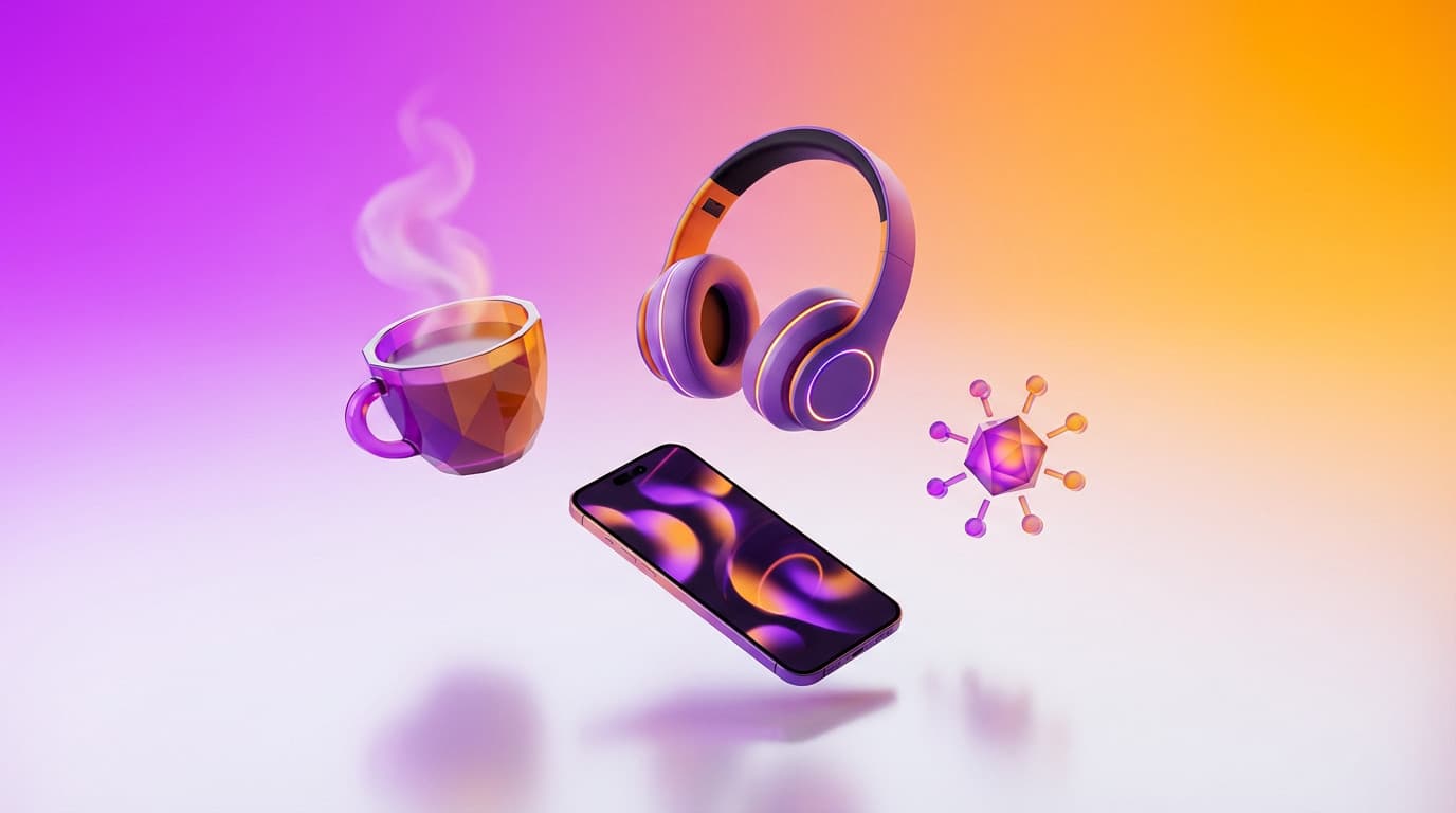 Stylized internet starter pack: floating purple/orange coffee cup, headphones, smartphone, and viral icon on a vibrant gradient.
