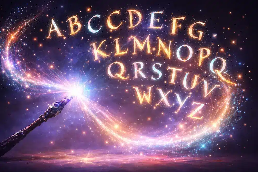 Baguette magique et lettres étincelantes