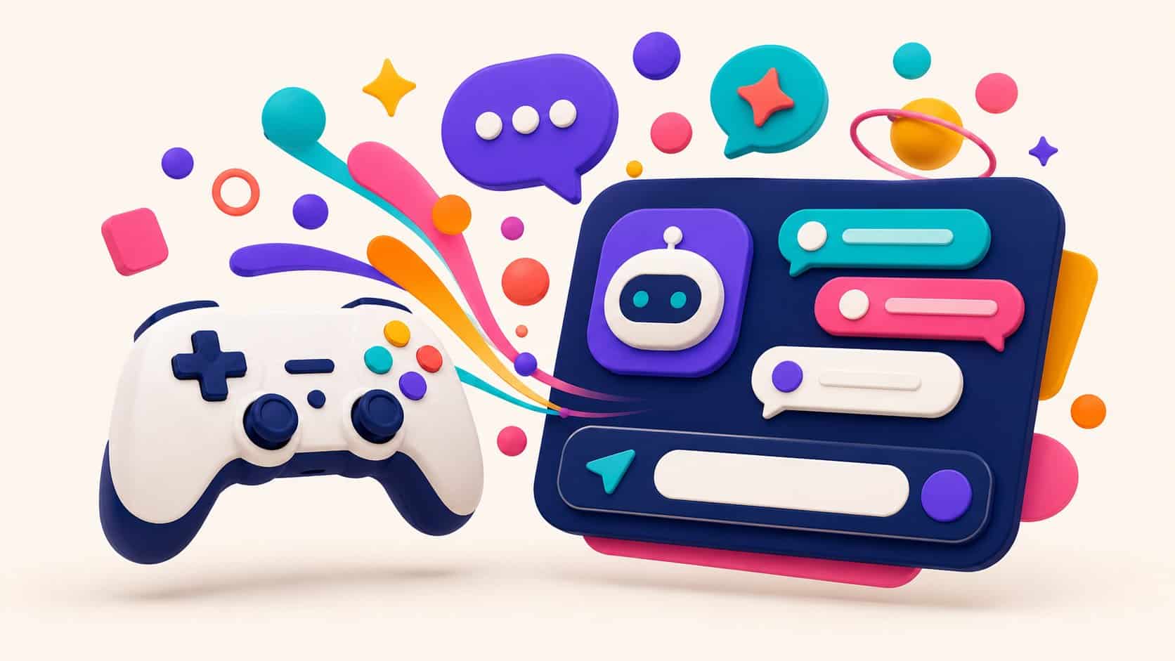 Manette de jeu et interface de chat IA générant des idées de pseudos, style épuré navy et orange