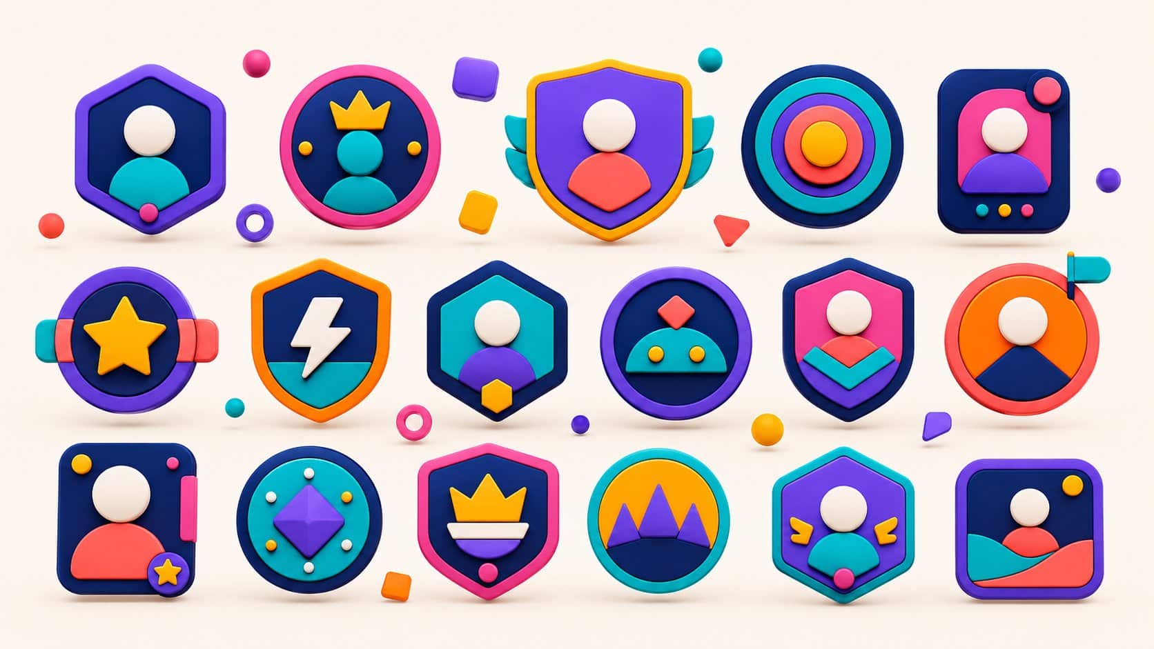 Collection d'identités de jeu variées symbolisée par des badges et avatars stylisés navy et orange