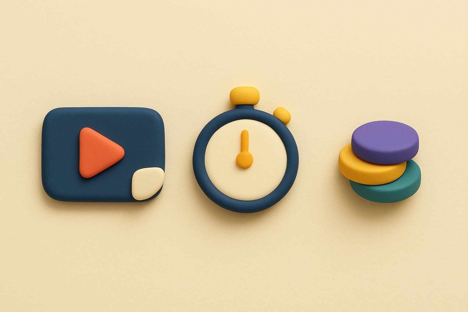 3D illustration of a video screen carrying a watermark, a stopwatch and a stack of credit tokens
