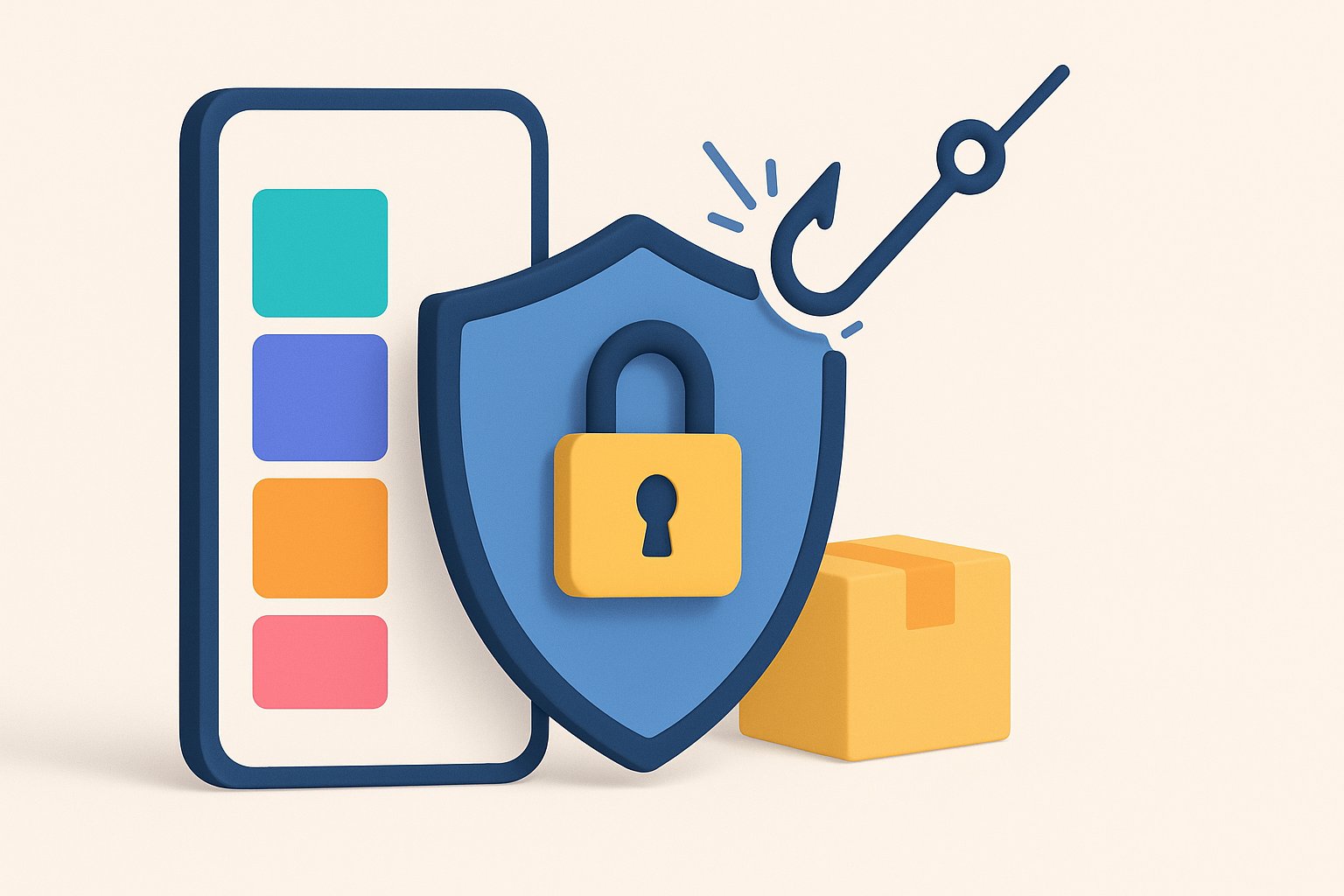 Un bouclier et un cadenas protegent un smartphone en repoussant un hameon de phishing
