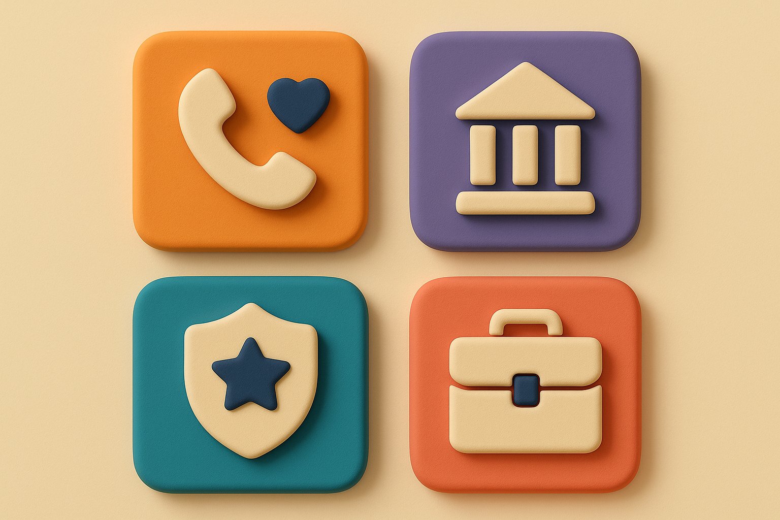 Quatre tuiles colorées illustrant les quatre scénarios d'arnaque vocale : un proche au téléphone, une banque, un service officiel et une entreprise