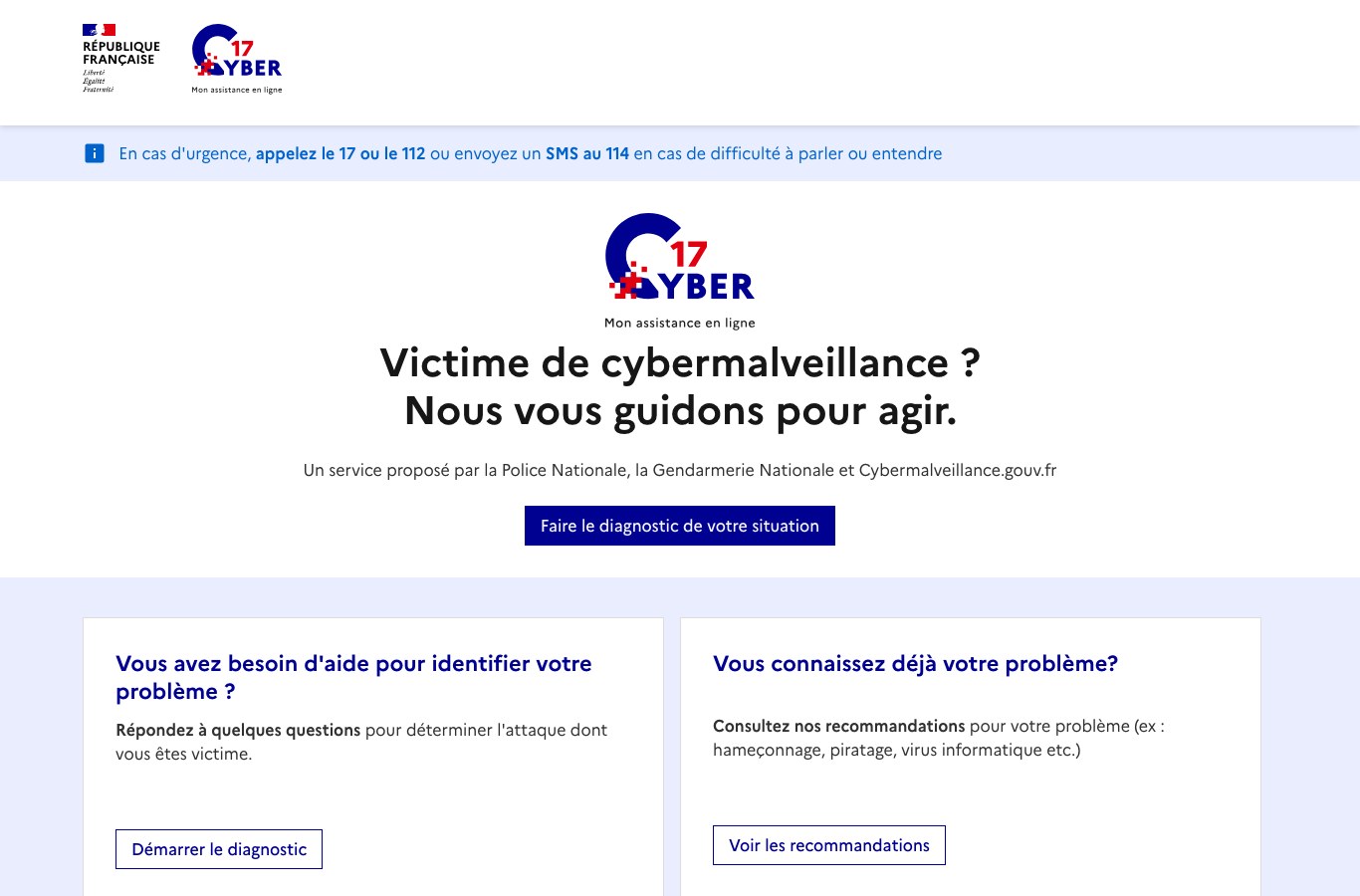 Capture d'écran du site officiel 17Cyber, service d'assistance en ligne de la Police nationale, de la Gendarmerie nationale et de Cybermalveillance.gouv.fr