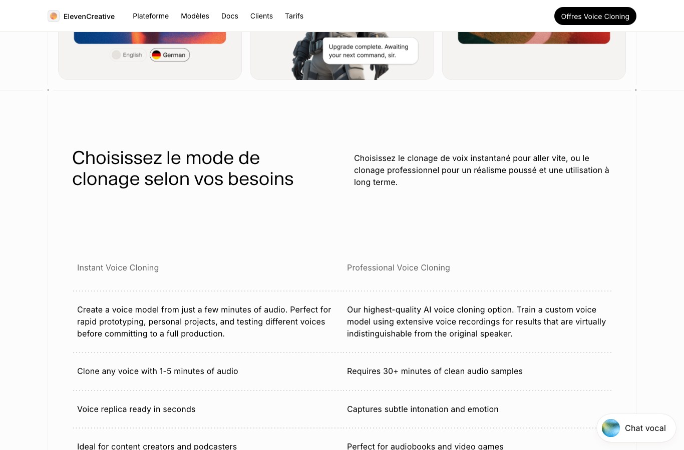 Capture d'écran de la page Clonage de voix d'ElevenLabs comparant le clonage instantané (1 à 5 minutes d'audio) et le clonage professionnel (plus de 30 minutes d'audio propre)