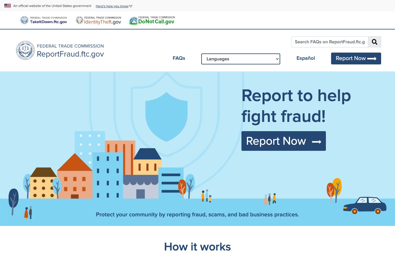 Screenshot of ReportFraud.ftc.gov, the Federal Trade Commission portal for reporting fraud and scams