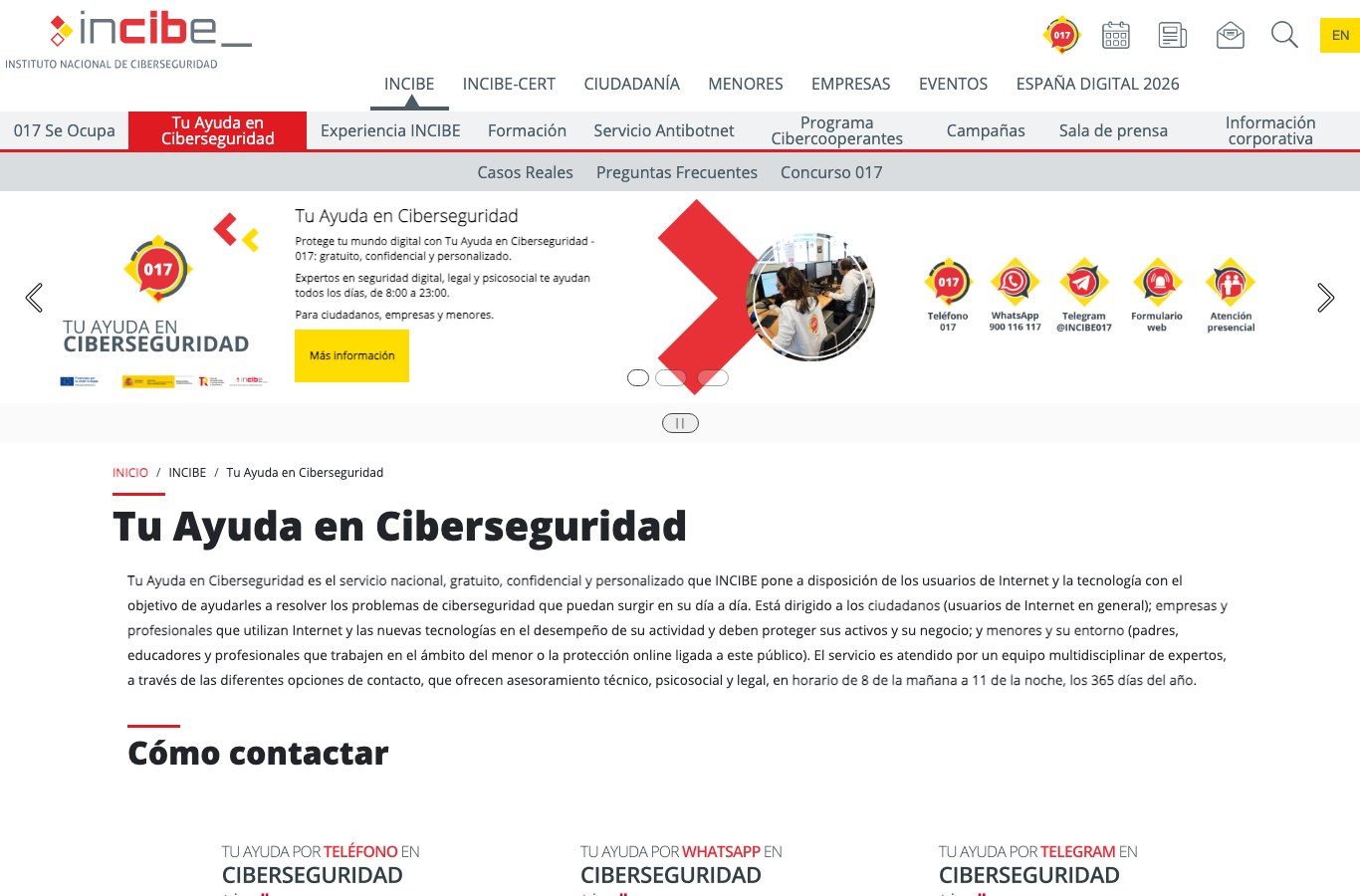 Captura de la pagina Tu Ayuda en Ciberseguridad de INCIBE, con la linea gratuita 017, WhatsApp y Telegram