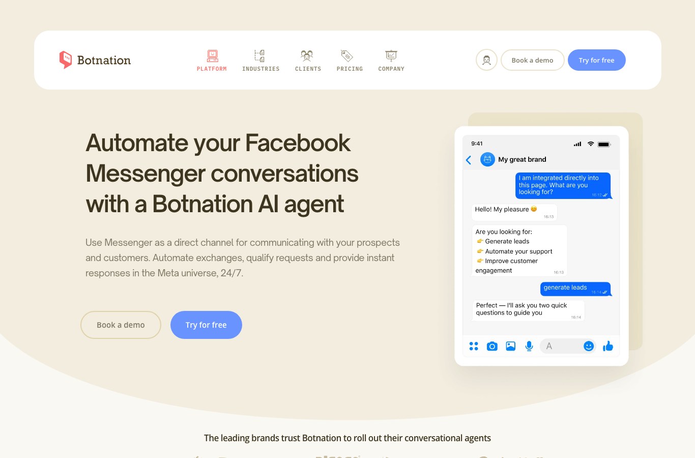 Captura de pantalla de la página Messenger de Botnation AI en inglés: automatiza tus conversaciones de Facebook Messenger con un agente de IA.