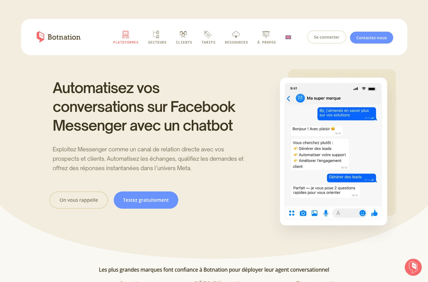 Capture dâÃ©cran : Page Messenger de Botnation AI : crÃ©ation de chatbot no-code, interface en franÃ§ais.