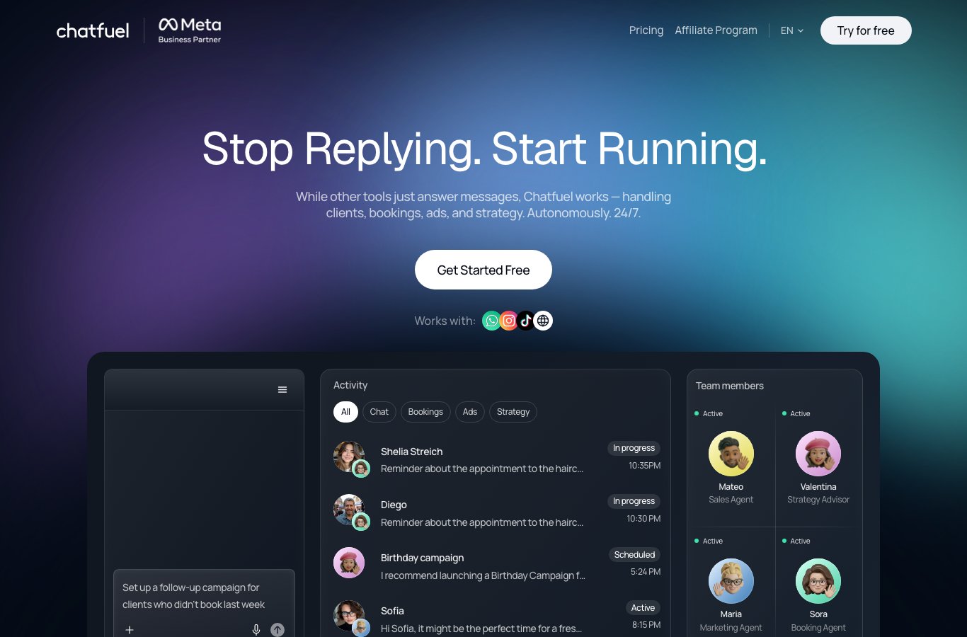 Capture dâÃ©cran : Page d'accueil de Chatfuel, crÃ©ateur de chatbots Messenger simple pour dÃ©buter.