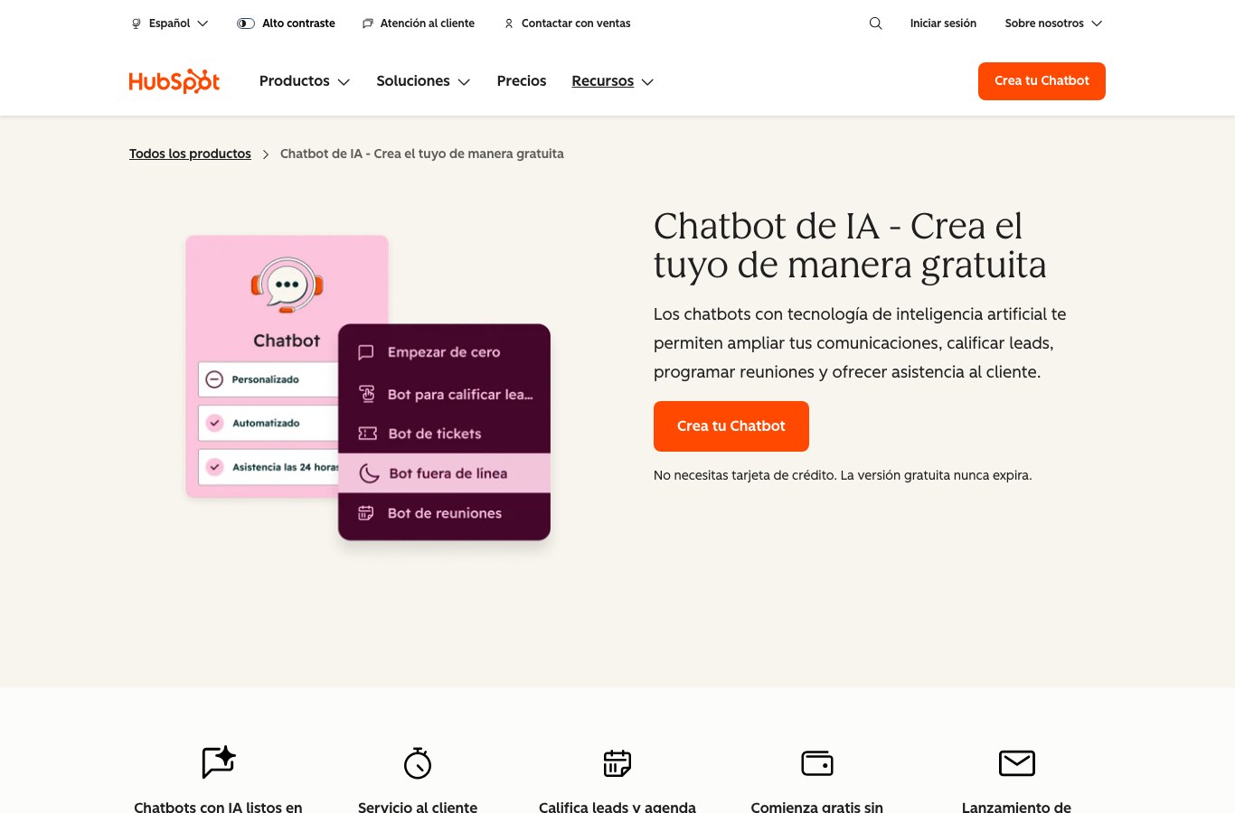 Captura de pantalla de la página del chatbot de IA de HubSpot en español: crear un chatbot gratis, sin tarjeta de crédito.