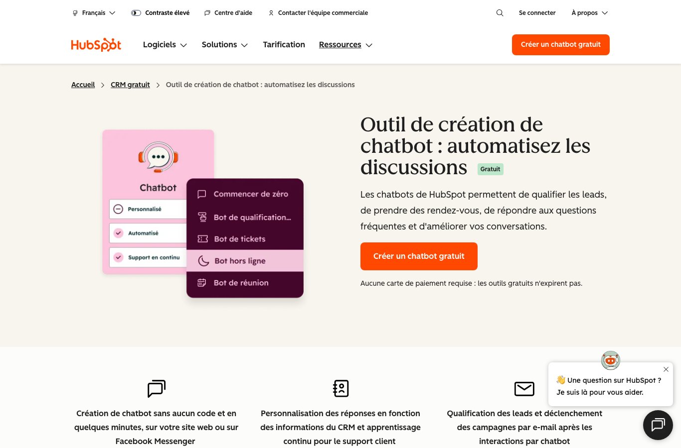 Capture dâÃ©cran : Page du crÃ©ateur de chatbots HubSpot, intÃ©grÃ© au CRM.