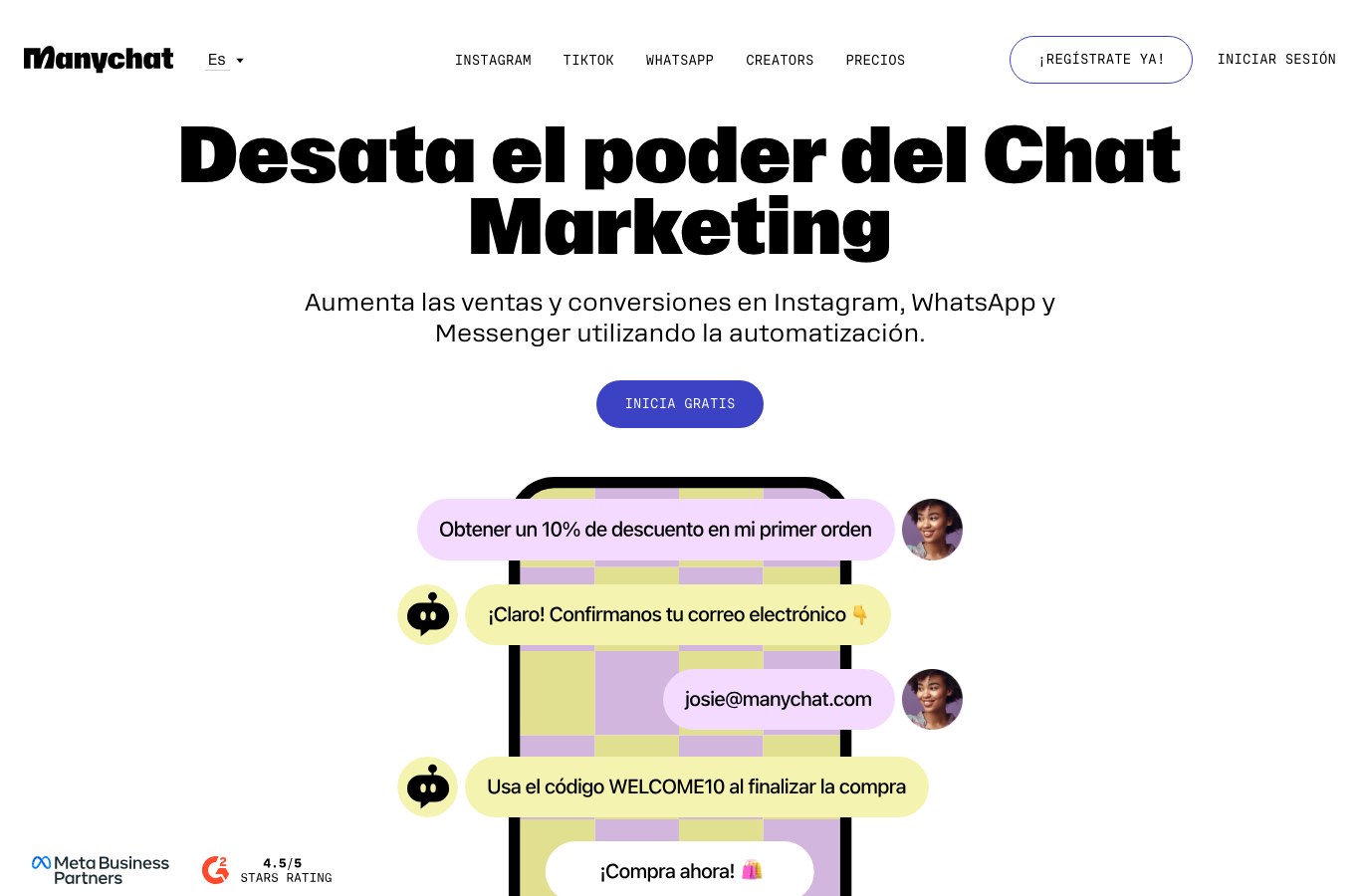 Captura de pantalla de la página de inicio de ManyChat en español: desata el poder del chat marketing en Instagram, WhatsApp y Messenger.