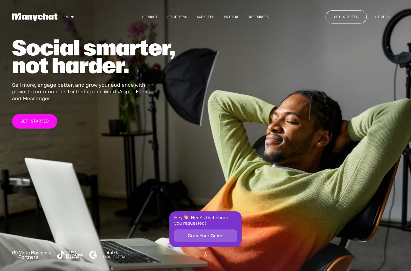 Capture dâÃ©cran : Page d'accueil de ManyChat, plateforme de marketing conversationnel Messenger et Instagram.