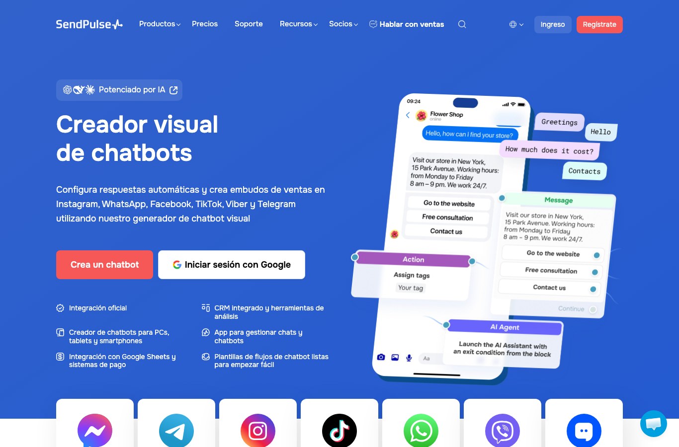 Captura de pantalla del creador visual de chatbots de SendPulse en español, con Instagram, WhatsApp, Facebook, TikTok, Viber y Telegram.