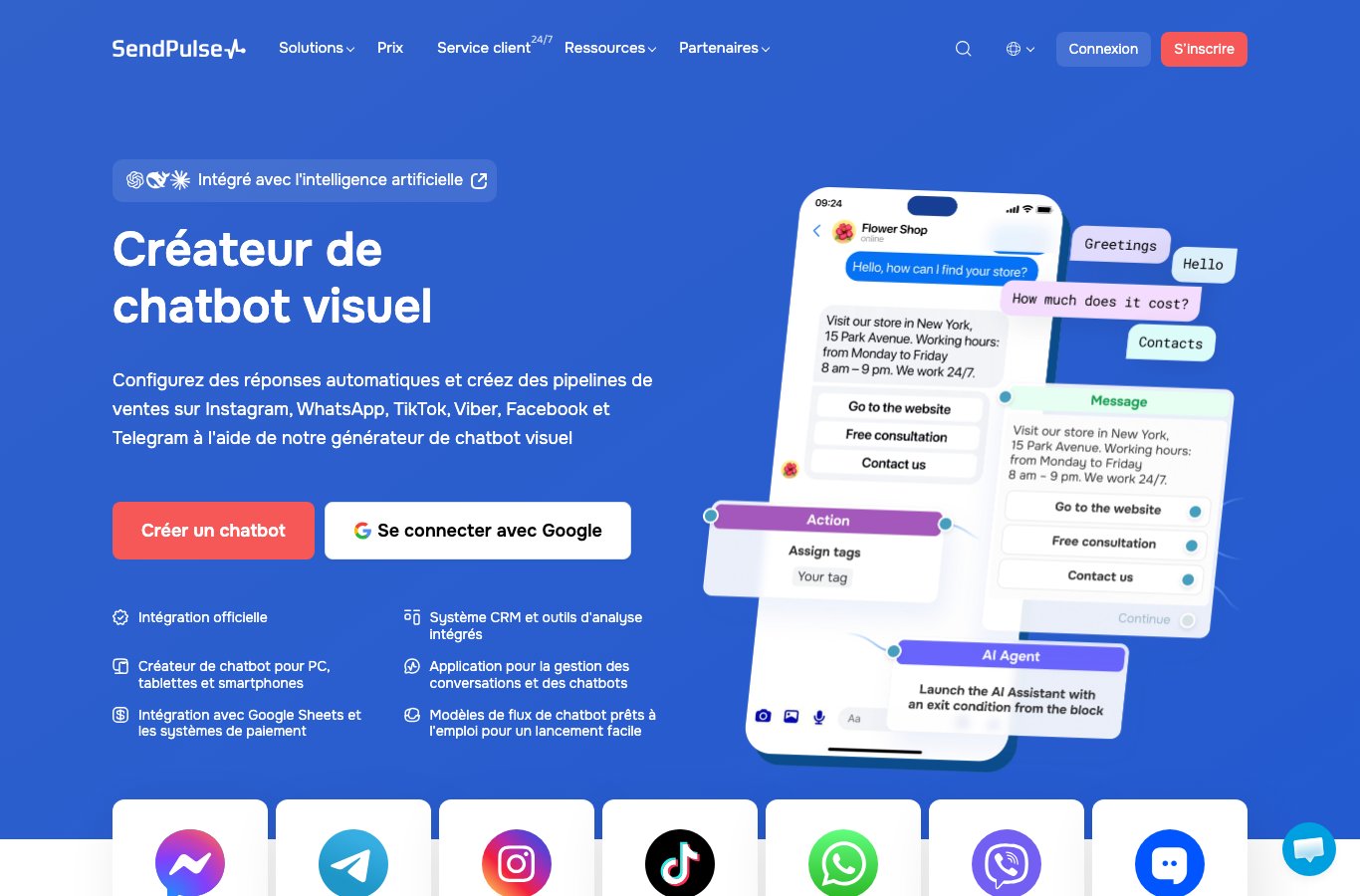 Capture dâÃ©cran : Page chatbot de SendPulse, suite marketing multicanale (e-mail, SMS, chatbots).