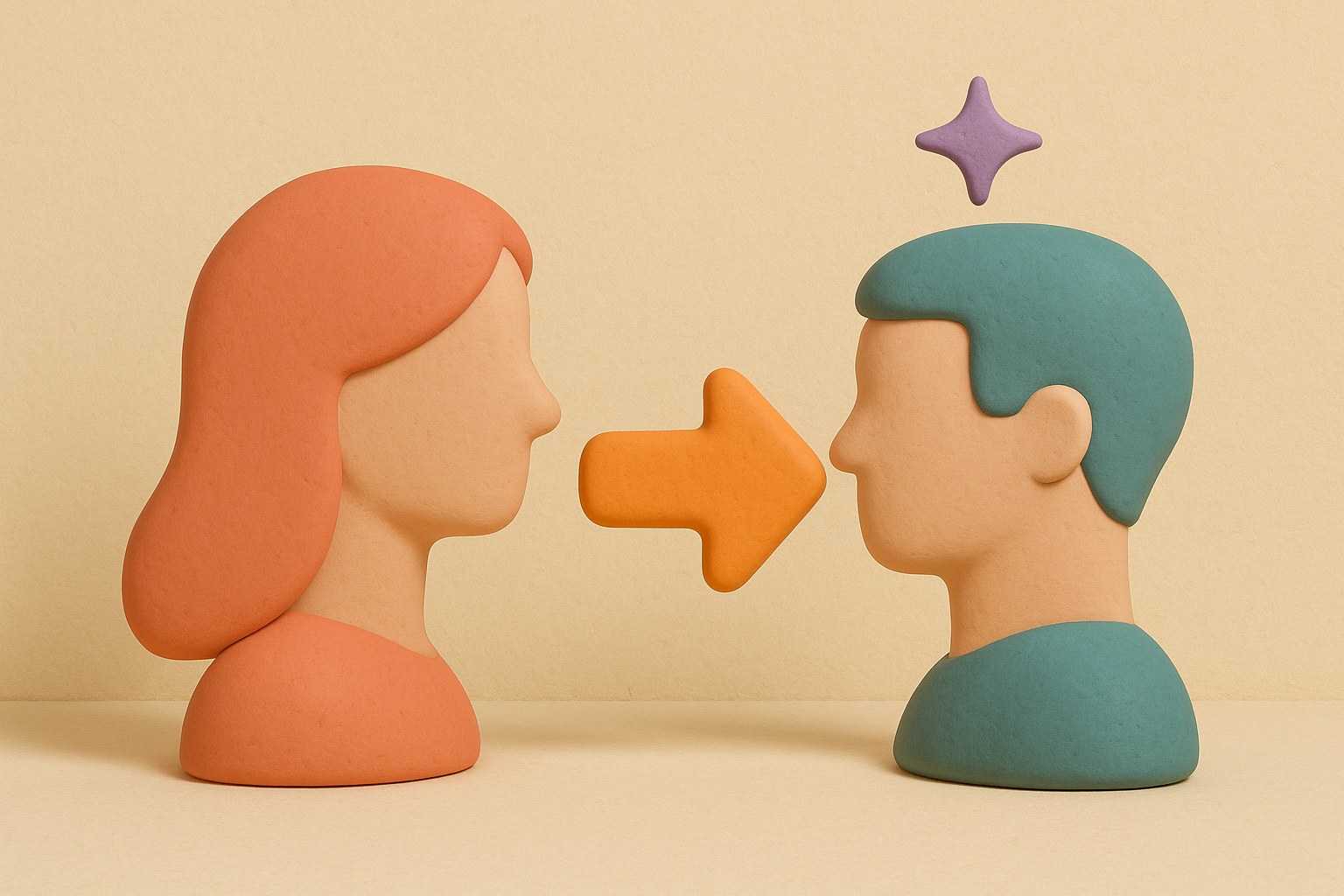 Two stylized profile silhouettes, long hair on the left and a short cut on the right, joined by an arrow